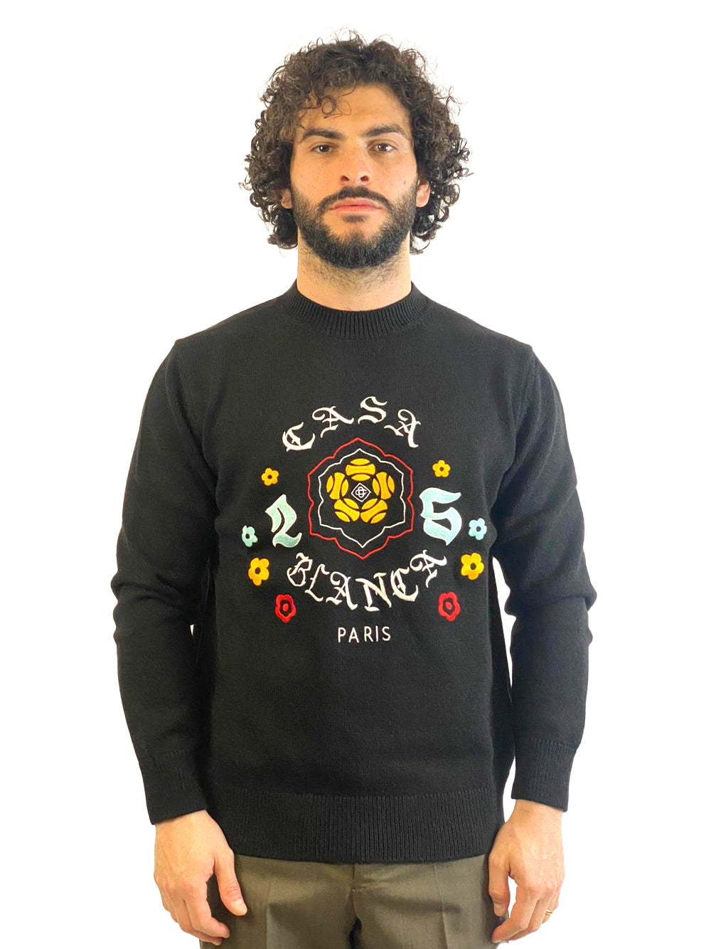 CASABLANCA EMBLEM MERINO KNIT CREW NECK MAGLIONE NERO